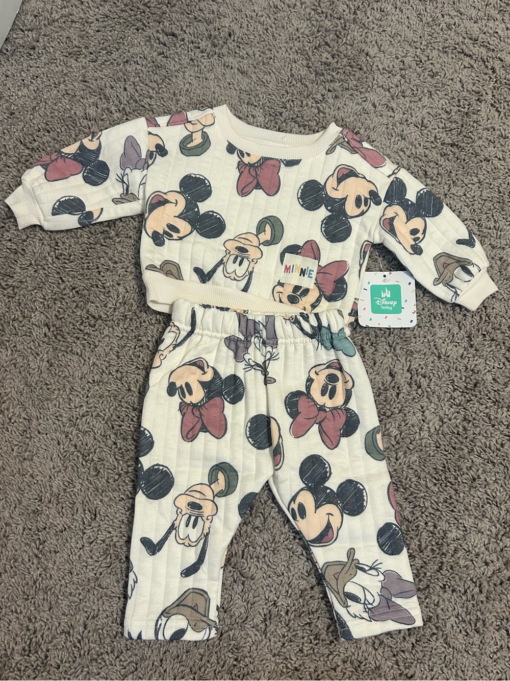 Disney Cream Minnie & Mickey Printed Baby Two-Piece Set*0-3 mo* New With Tags!